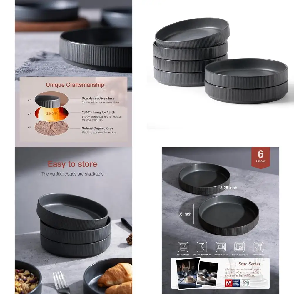 

Set of 6 Dark Charcoal Matte 8.25 Pasta and Salad Bowls, Large Dinnerware, Full Glazed Shallow Bowls for Serving