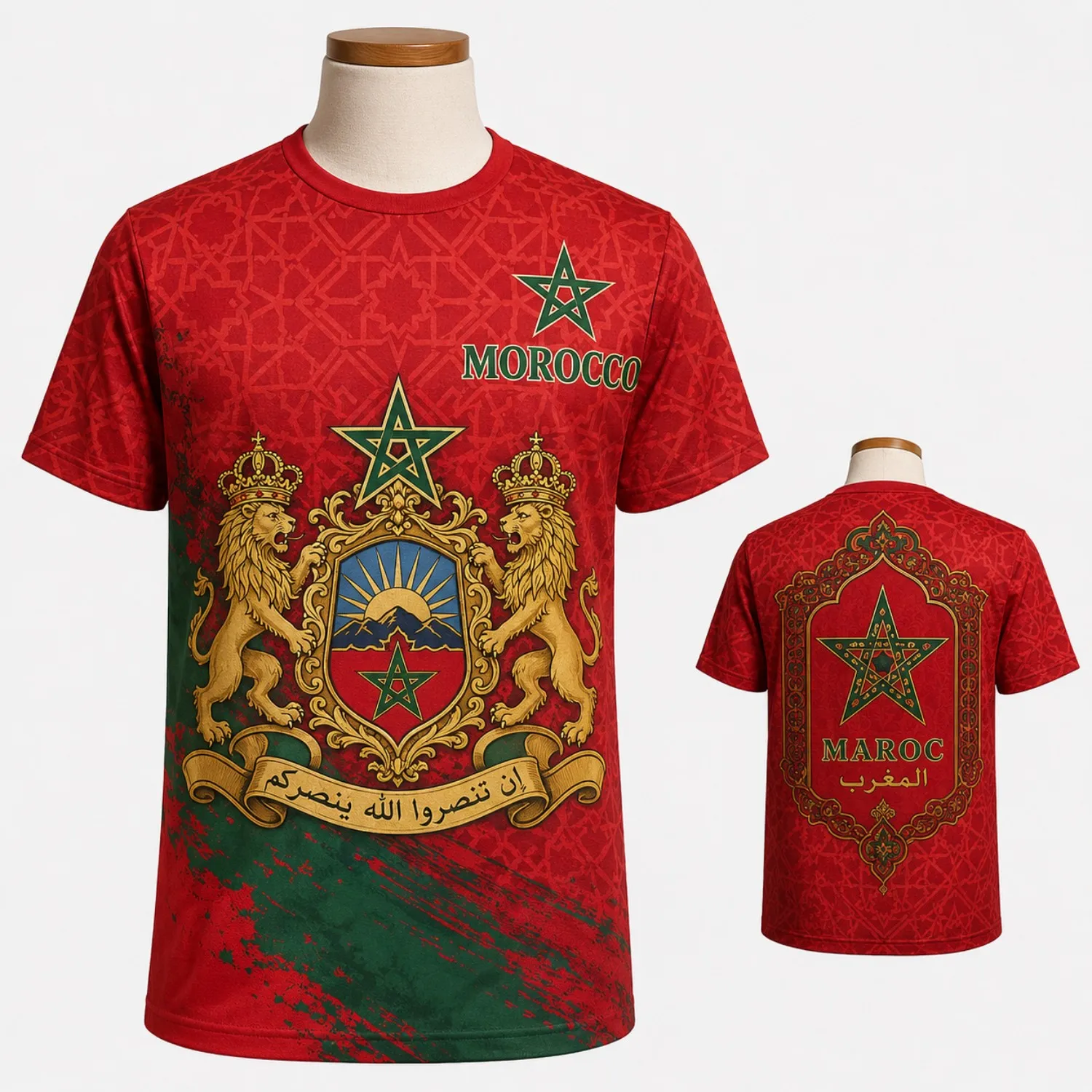 Morocco Mens Graphic T Shirt Short Sleeve Fan Tee with Star Map Front Back Crest Stadium Streetwear Casual Sports Top Outfit Fit