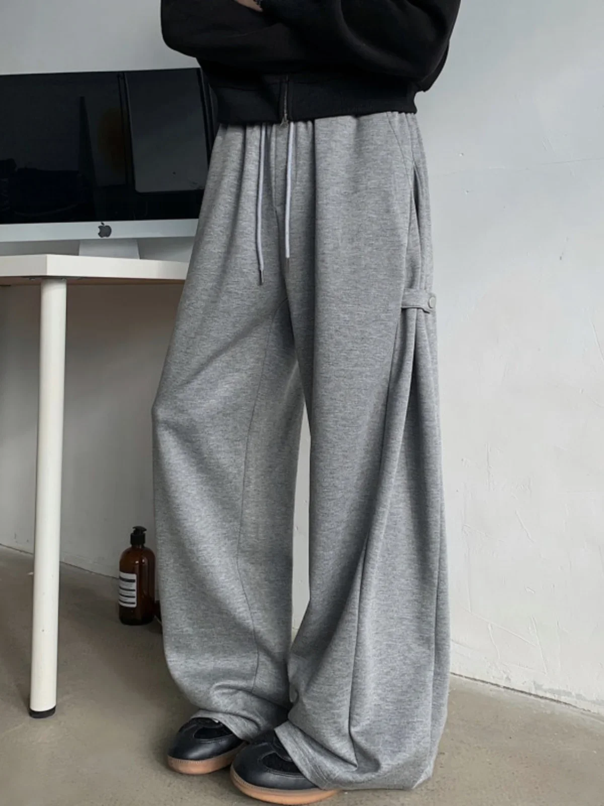 Grey Deconstructed Spor Wide Leg Casual Pants Men's Autumn Winter Heavyweight American High Street Loose Fit Long Trousers