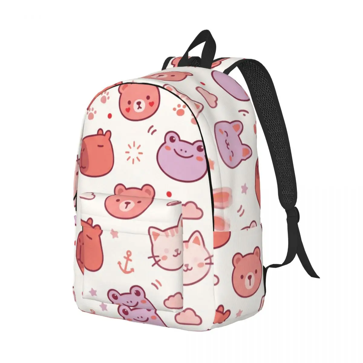 School Backpack Tossed Cat Bunny Bear Frog Cute Kawaii Pink White Fashion Daypack for College Travel Gift Cozy Bookbag for Girls