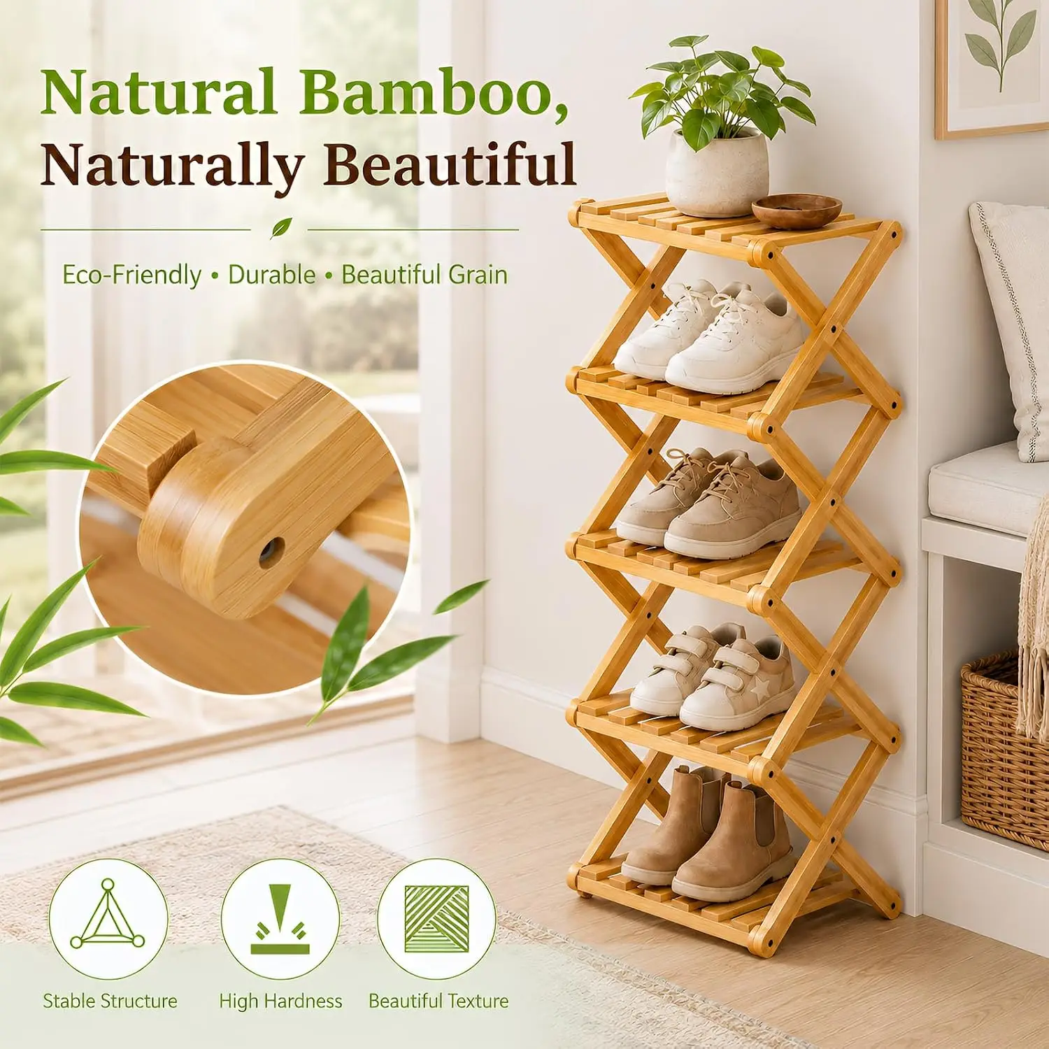 Multilayer Bamboo Vertical Corner Shoe Tower Foldable Narrow Storage Organizer Entryway Closet