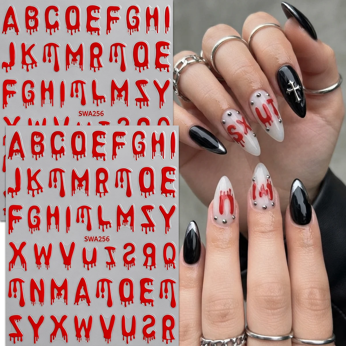 2Pcs Halloween Day of the Dead Nail Stickers, Red Metallic Dripping Blood Alphabet, Nail Tech Supplies, Dark Gothic DIY Decor