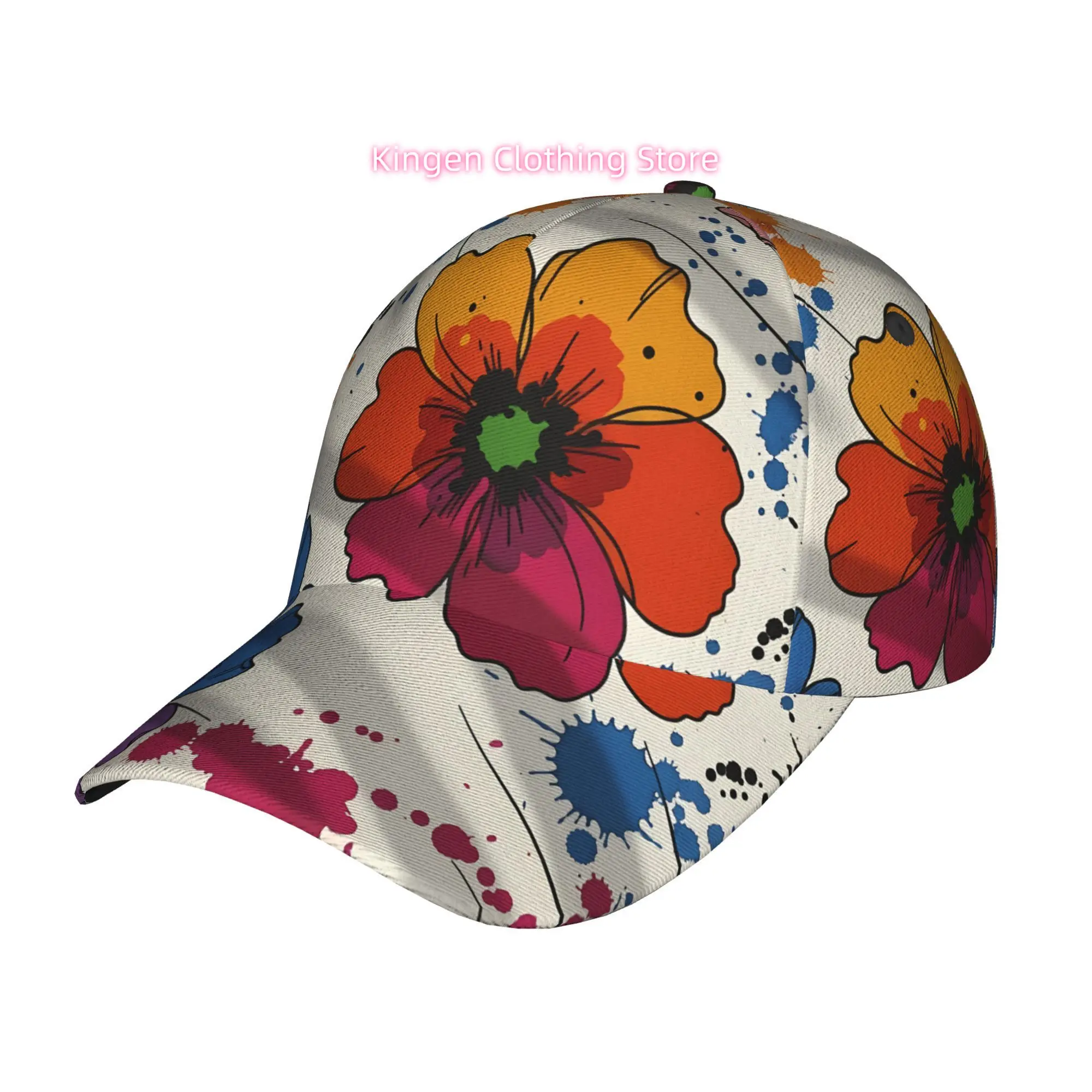 Colorful Flowers with Splatters, Fashionable Printed Baseball Cap, Curved Brim Baseball Cap, Sports Running Cap, Adjustable Base