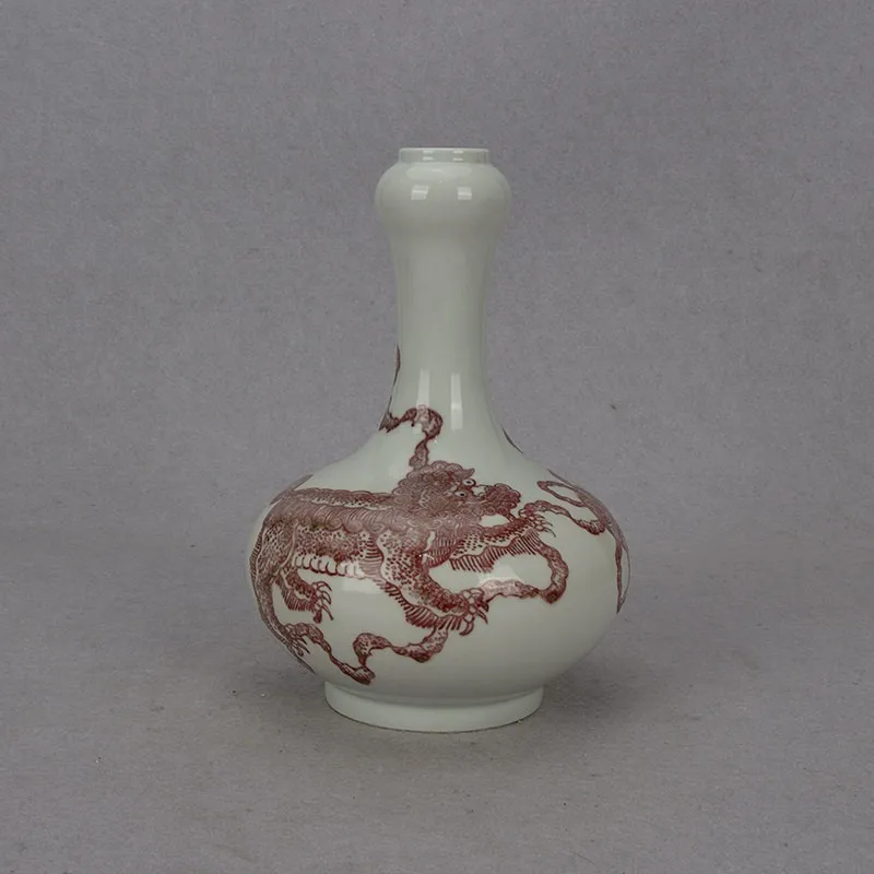 6.0 inch Chinese Qing Kangxi Underglaze Red Porcelain Lion Pattern Vase Garlic Bottle