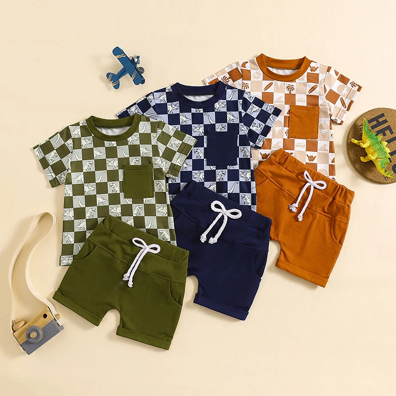 

2024-02-04 Lioraitiin Toddler Boys Summer Outfits Checkerboard Print Short Sleeve T-Shirts Tops Elastic Waist Shorts Clothes Set