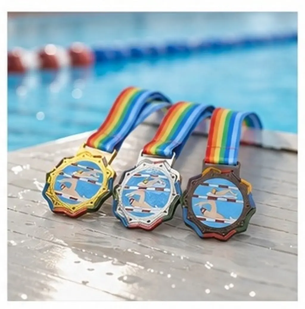 3Pcs Swimming Medals Gold Silver Bronze Metal Award Medals Neck Ribbons for Sports Day Students Competition Winners