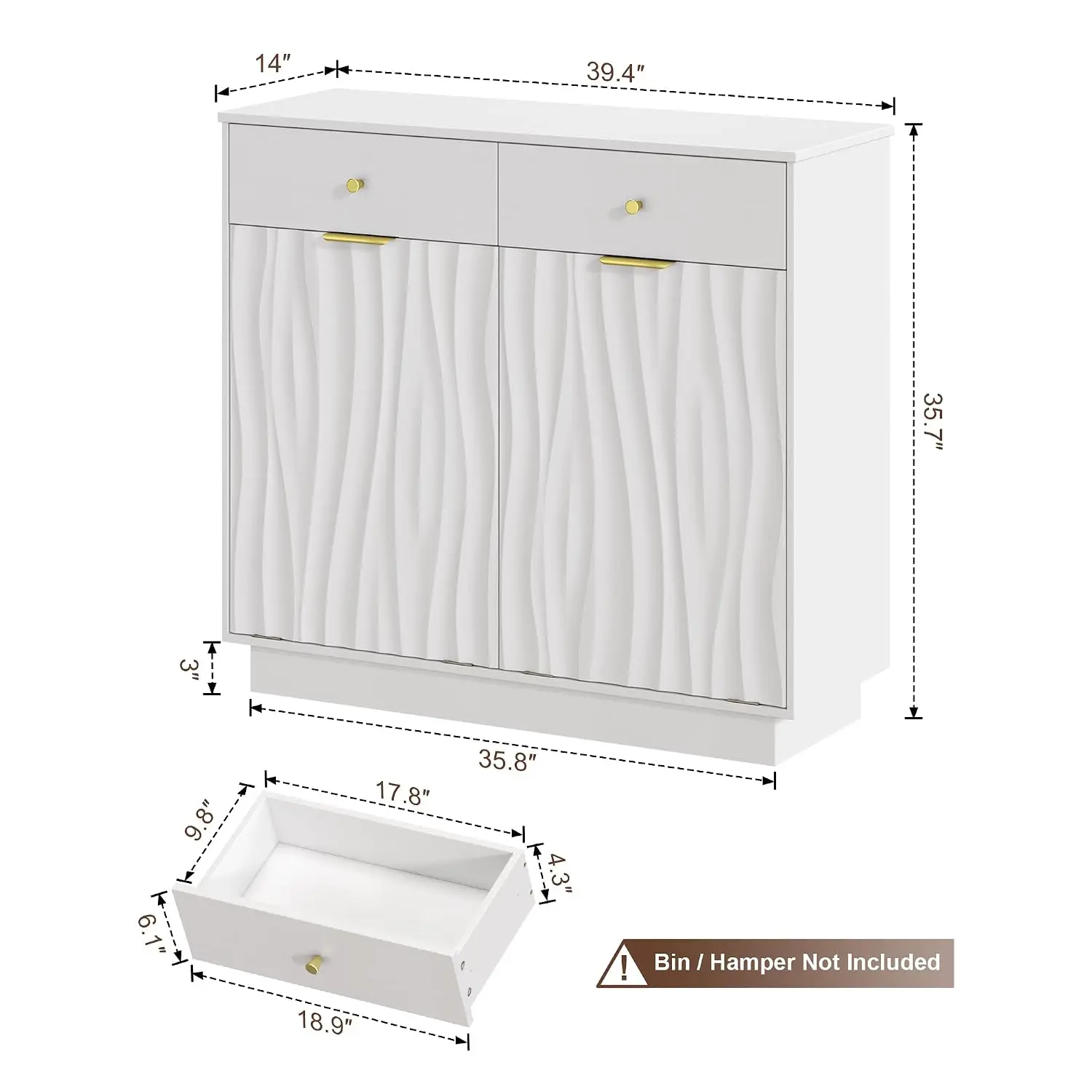 White Laundry Hamper Cabinet, Double Drawer Bathroom Storage Cabinets with Wavy Textured Doors, Freestanding Hidden, Customized