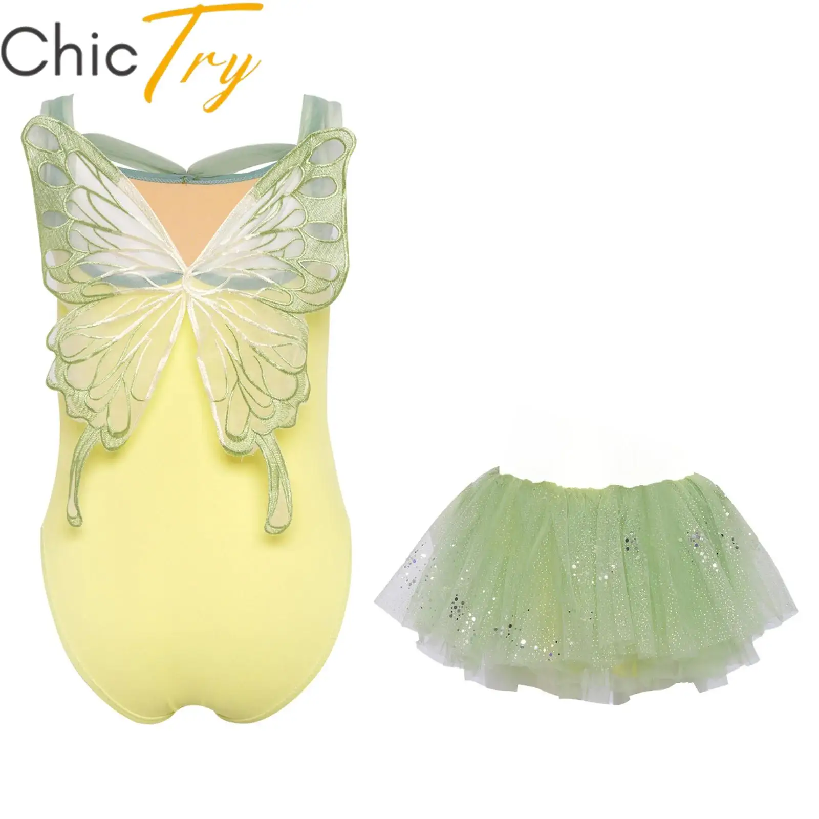 

Kids Girls Ballet Dance Dress Sleeveless Butterfly Back Gymnastics Leotard with Tulle Tutu Skirt Ballerina Princess Costumes