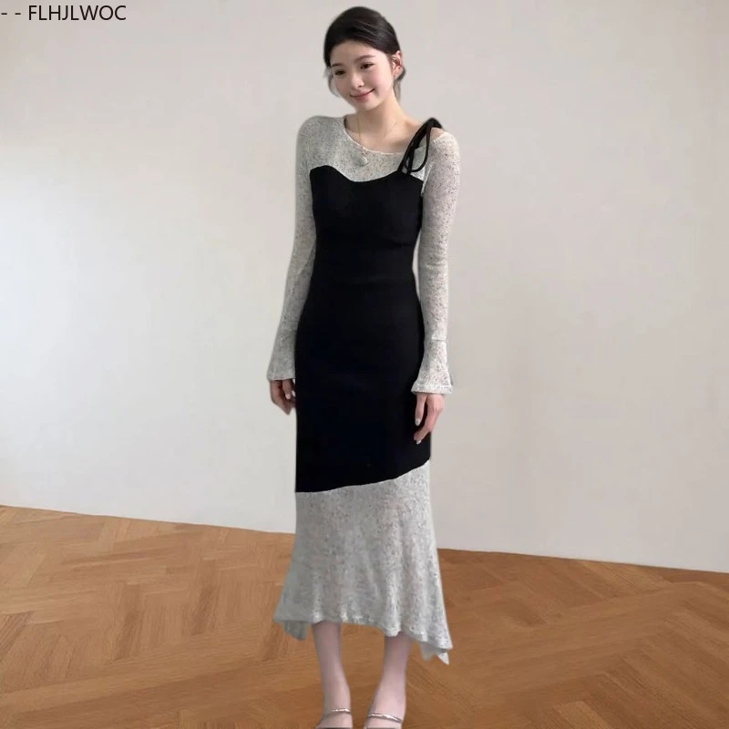 エレガントなフィッシュテールロングドレス 2025年秋新作 ファッション シックなフレンチスリムフィット トランペットスリット入りフェイクツーピース ボウタイ付きTシャツドレス