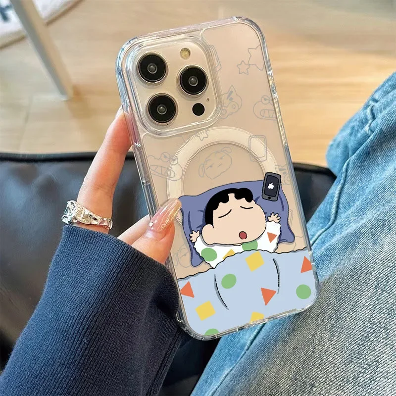 Cartoon Crayon Shin-chan Cute MagSafe Magnetic Phone Case For iPhone 16 15 14 13 12 11 Pro Max Plus MINI Y2K Creative Luck Cover