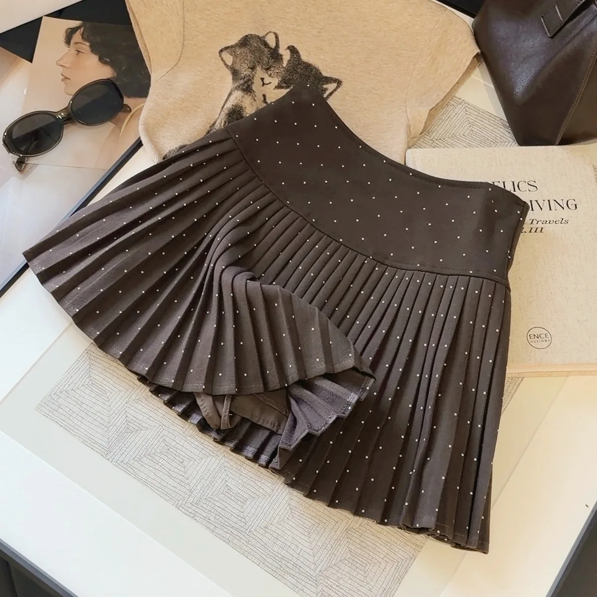 Korean Polka Dot Woolen Pleated Skirt Women's Autumn New High-waisted Slim-fitting Skort A-word Skirt