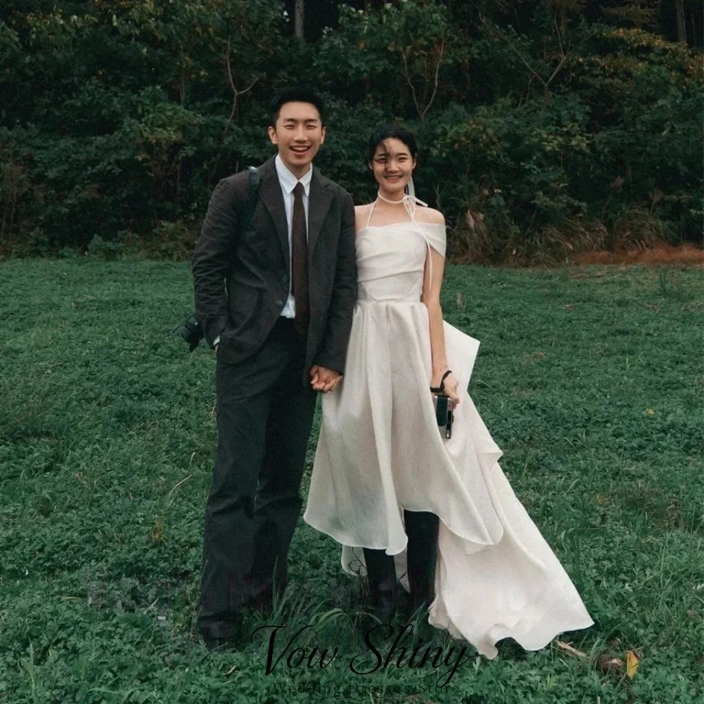Vow Shiny Elegant One Shoulder Organza Korea Wedding Dress Photo Shoot A-Line Hi-Lo Short Sleeve Garden Bridal Gown Customized