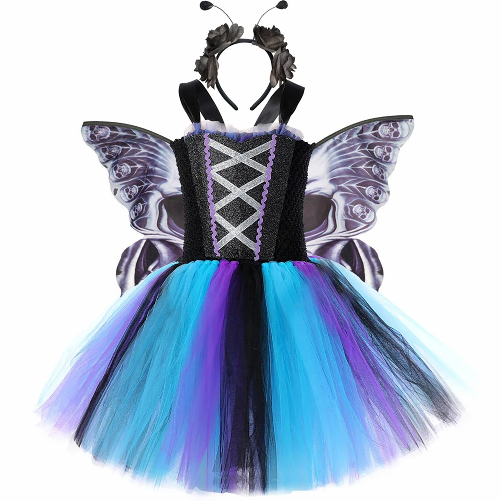 

Halloween Skeleton Butterfly Costume for Kids Carnival Party Dress Up with Black Skull Wings Girls Dark Elf Fairy Tutu Dress Set