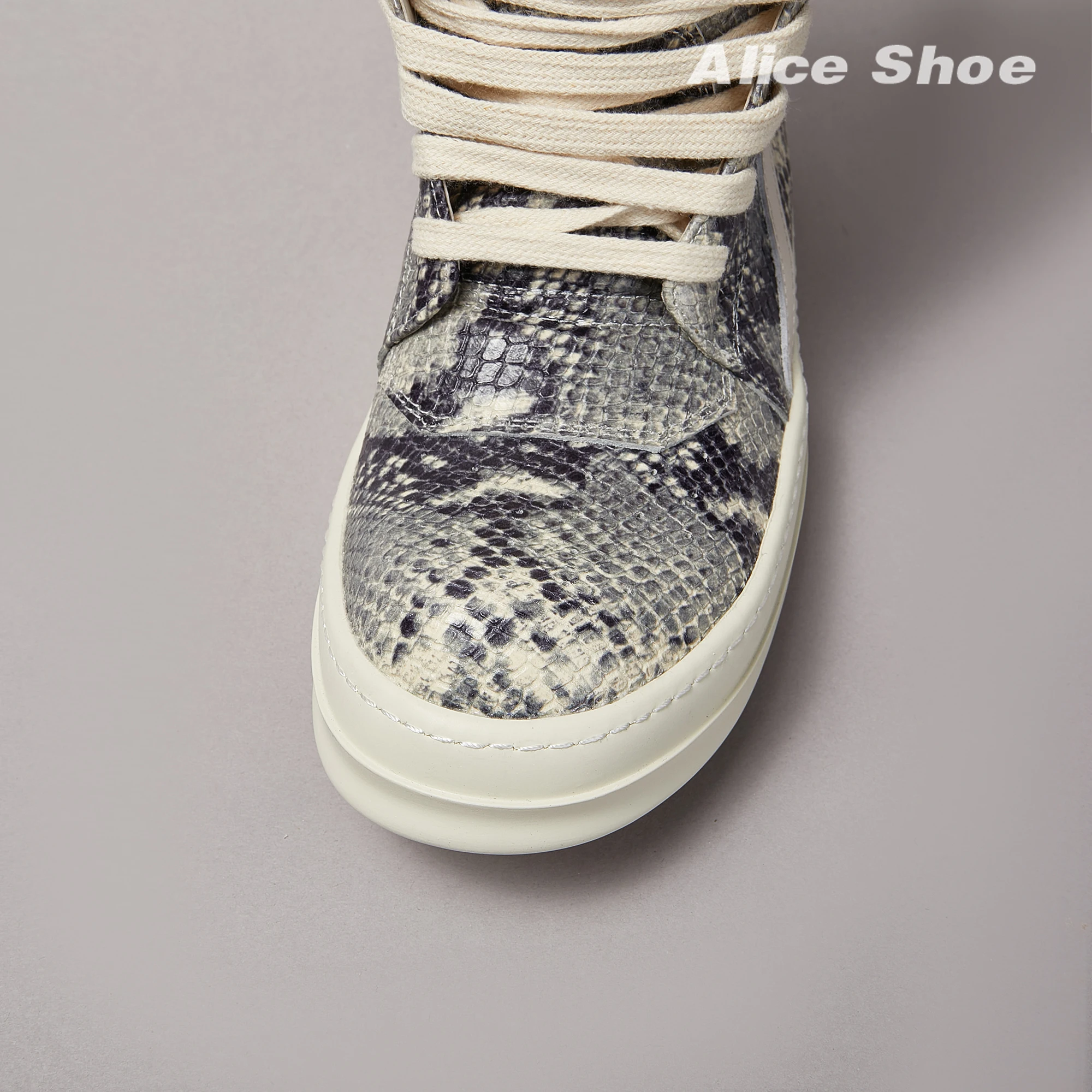 Brand Men Ankle Boot Casual Leather High Top Women Sneaker Python-Embossed Flat Luxury Trainer Designer Platform Grey Flat Shoe