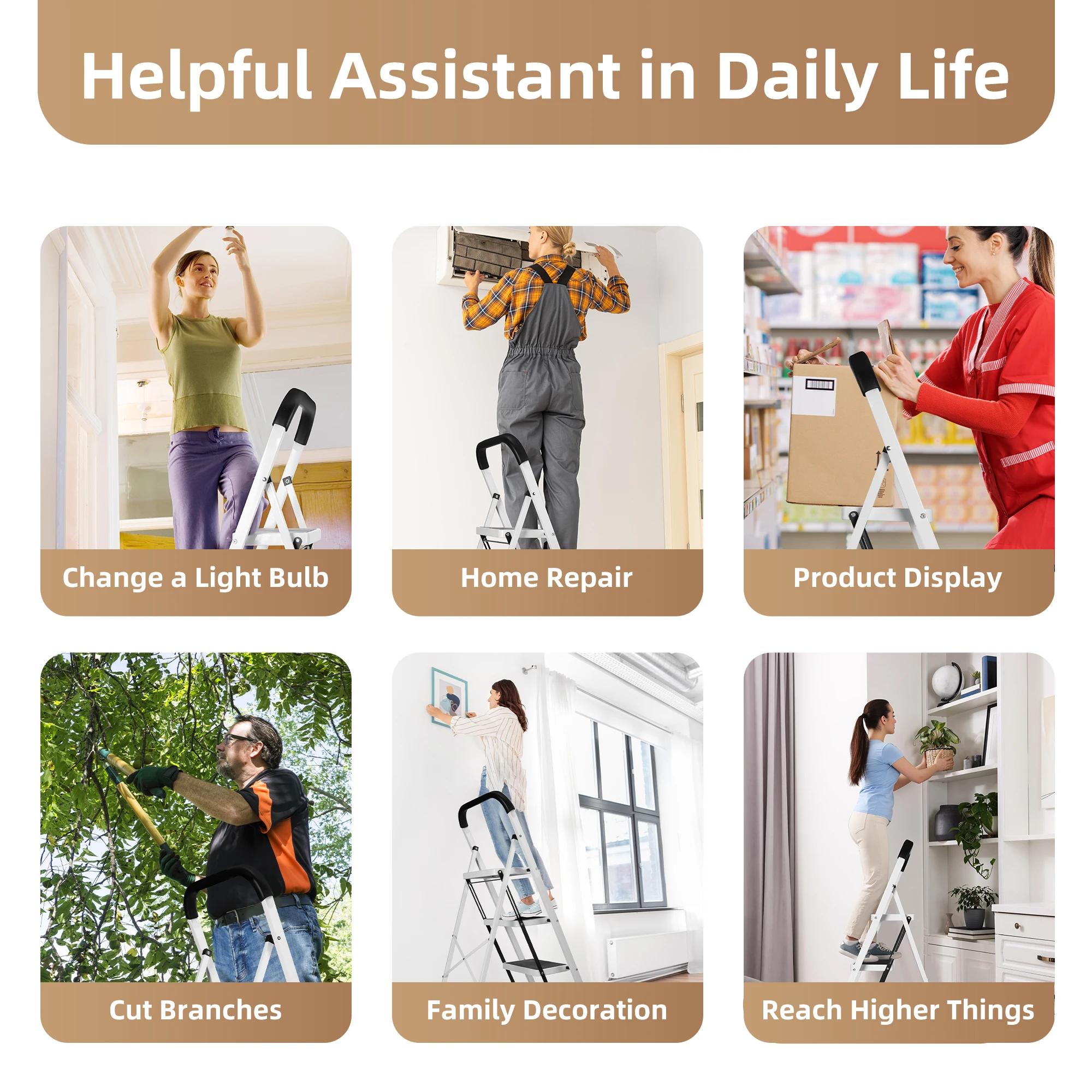 سلم Deli ذو 4 خطوات قابل للطي، مقعد محمول خفيف الوزن مع قبضة يد، سعة 330 رطل للخزانة والمطبخ والمكتب والمنزل