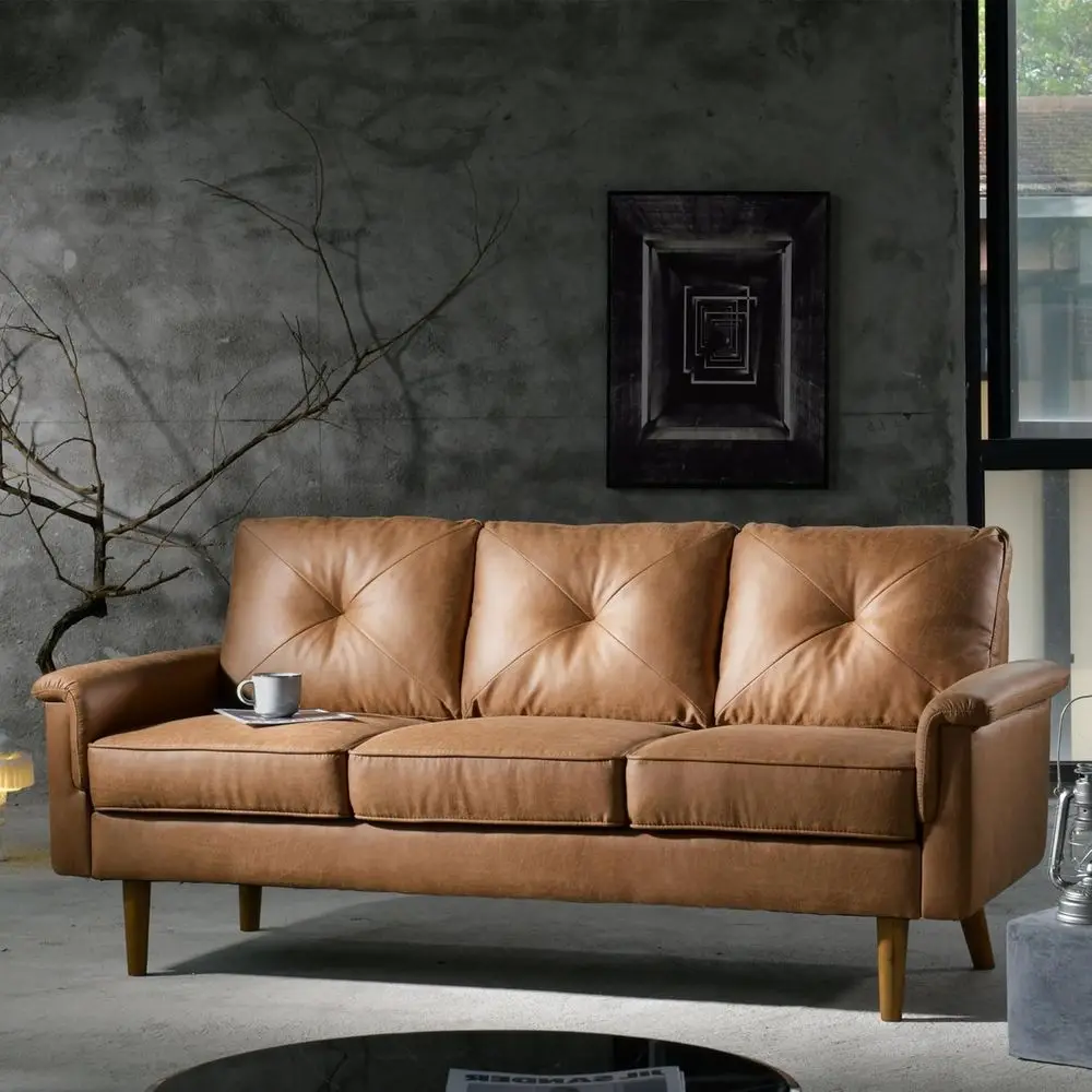 

72 Inch 3-Seat Deep Cushion Sofa, Modern Style, Light Brown Leatherette, Suitable for Living Room and Bedroom