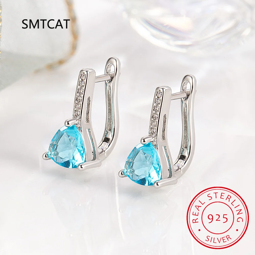 Triangle Cut Natural Sky Blue Topaz Hoop Earrings 925 Sterling Silver for Women Daily Wedding Party Jewelry Huggies