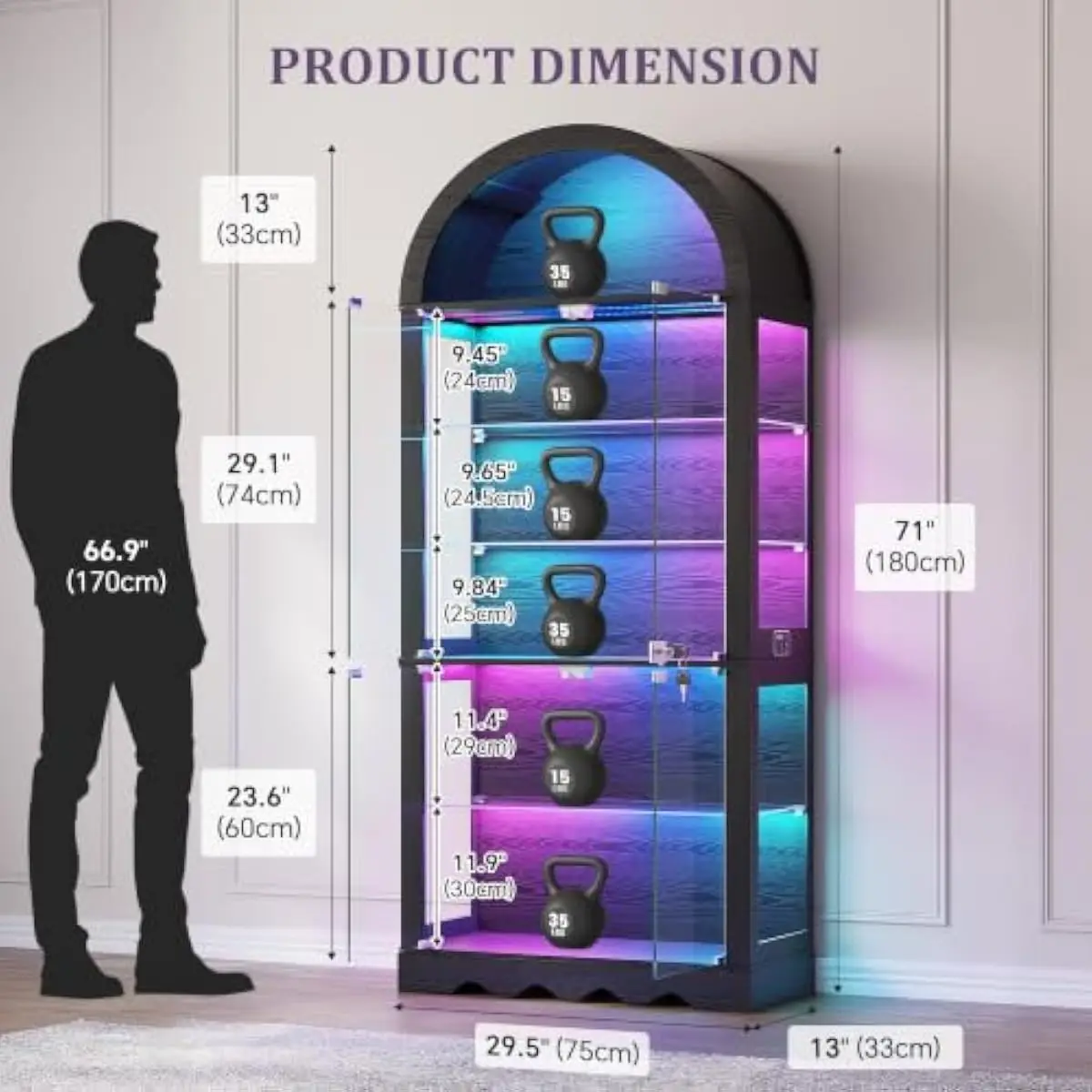 6-Tier Arched Display Cabinet Featuring Tempered Glass Shelves, Push-Open Doors, Motion-Activated RGB Lighting, Adjustable Heigh