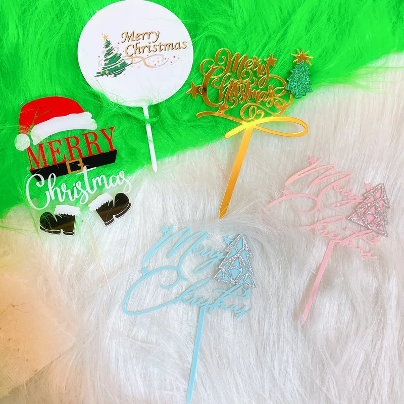 New Merry Christmas Party Cake Topper Red Gold Acrylic Christmas Hat Cake Topper Kids Gifts Xmas Home party Dessert Decoration