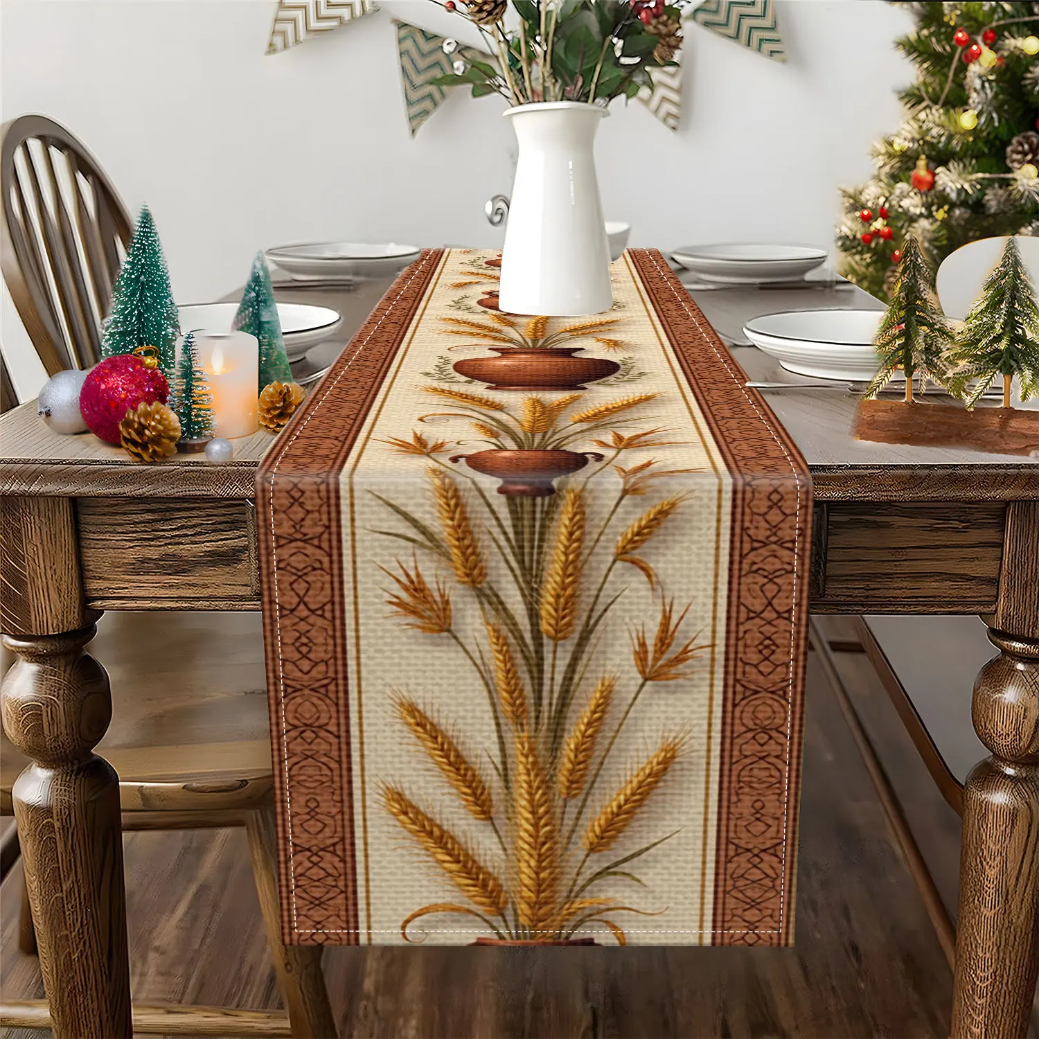 1 Piece of Earthenware Pot Wheat Ear Themed Table Runner, Featuring Earthenware Pot and Wheat Ear Patterns, Suitable for Country-Style Restaurants, Autumn Harvest Parties, and Home Decoration Scenes.