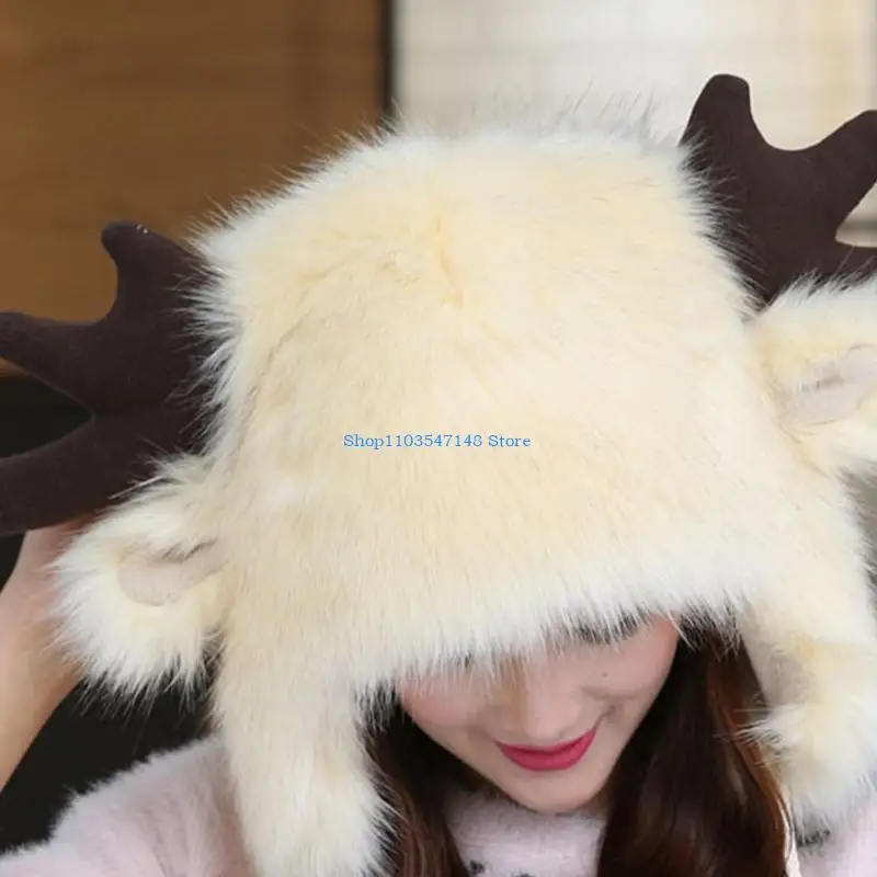 

P88B Women Faux Fleece Fuzzy Plush Winter Trapper Hat Ski Cap Ear Flaps Cold Weather Snow Ski Deer Antlers Ears Earmuff