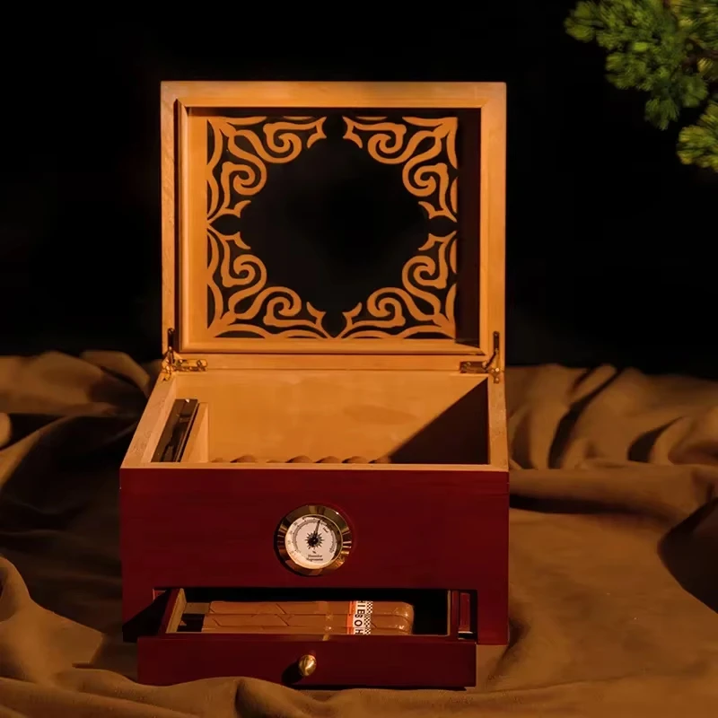 Holds 50 Cigars Portable Travel Storage Wooden Cigar Box with Cutter & Hygrometer Case 26x20x25cm Double-layer Humidor
