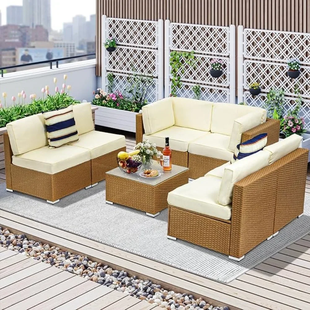 

7 Pieces Patio Furniture Set, Outdoor Sectional Sofa PE Rattan Wicker Outside Couch with Table and Cushions for Porch Garden