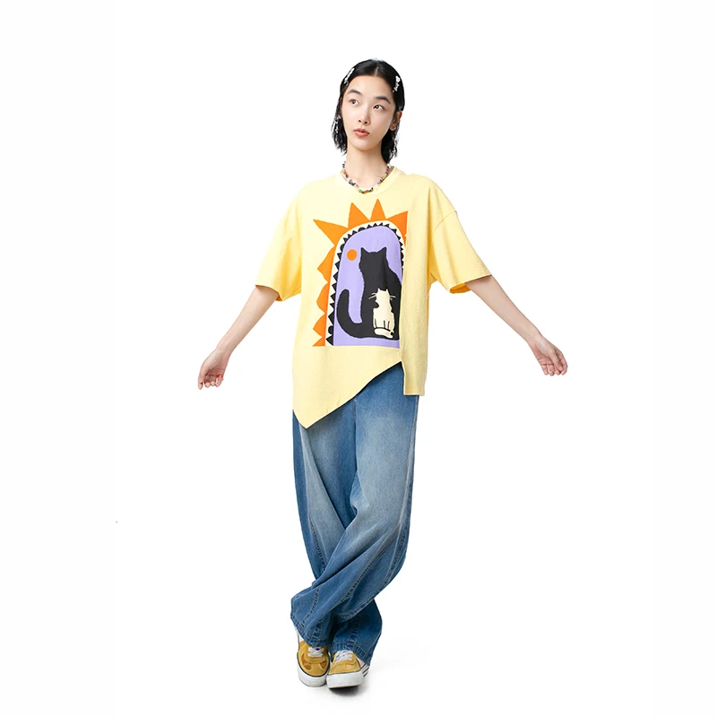 MOVEUP Short Sleeved Round Neck T-Shirt 2026 Summer New Fun Printed Drop Sleeves Asymmetrical Hem Casual Top For Women 325210581