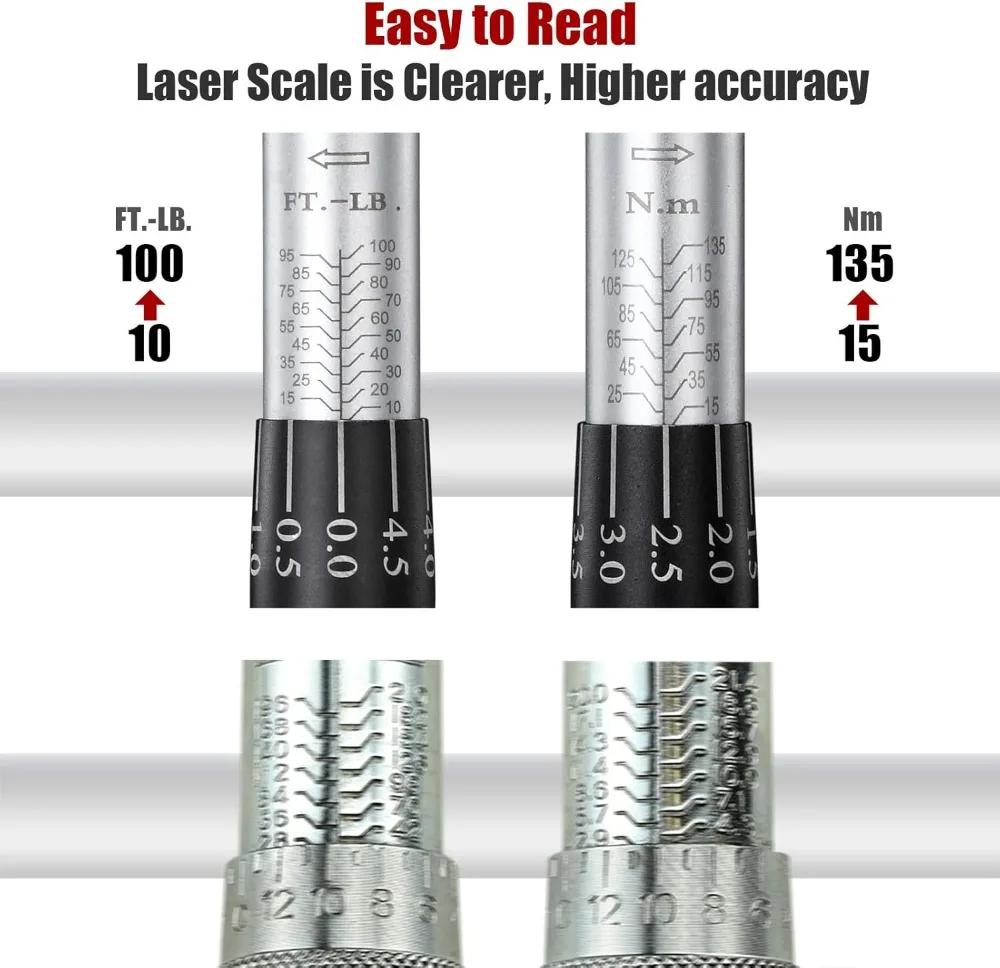 3/8-Inch Drive Click Torque Wrench Set, 10-100 ft-lb / 15-135 Nm, Dual-Direction Adjustable for Precision Work