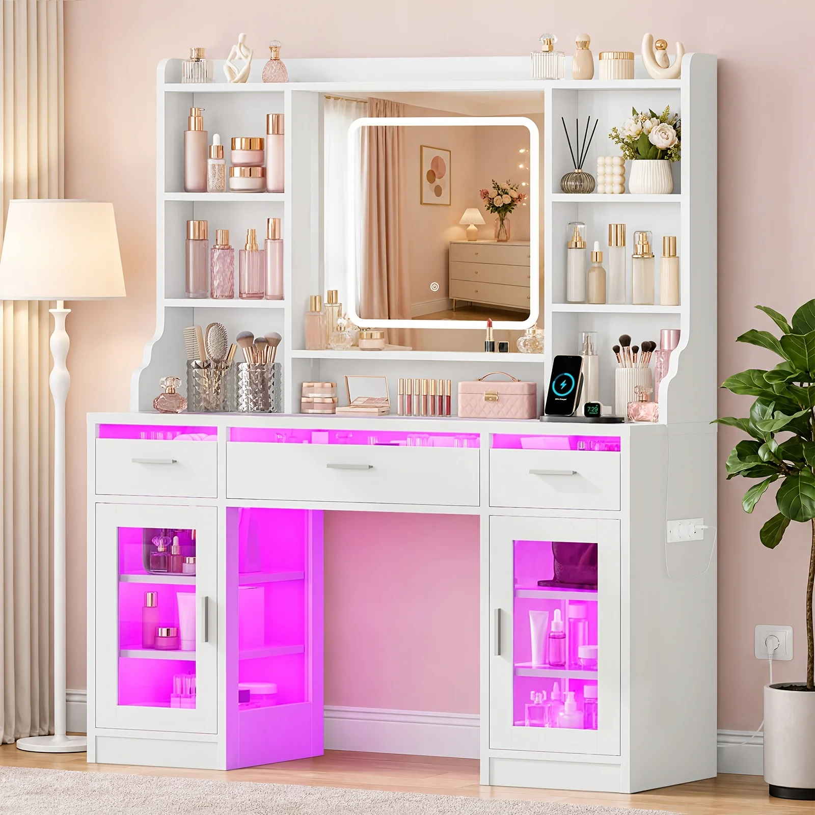 Makeup Vanity with LED Lighted Mirror And Charging Station, Vanity Table with Glass Top, Vanity Desk with 3 Drawers & 2 Cabinet, for Bedroom, White