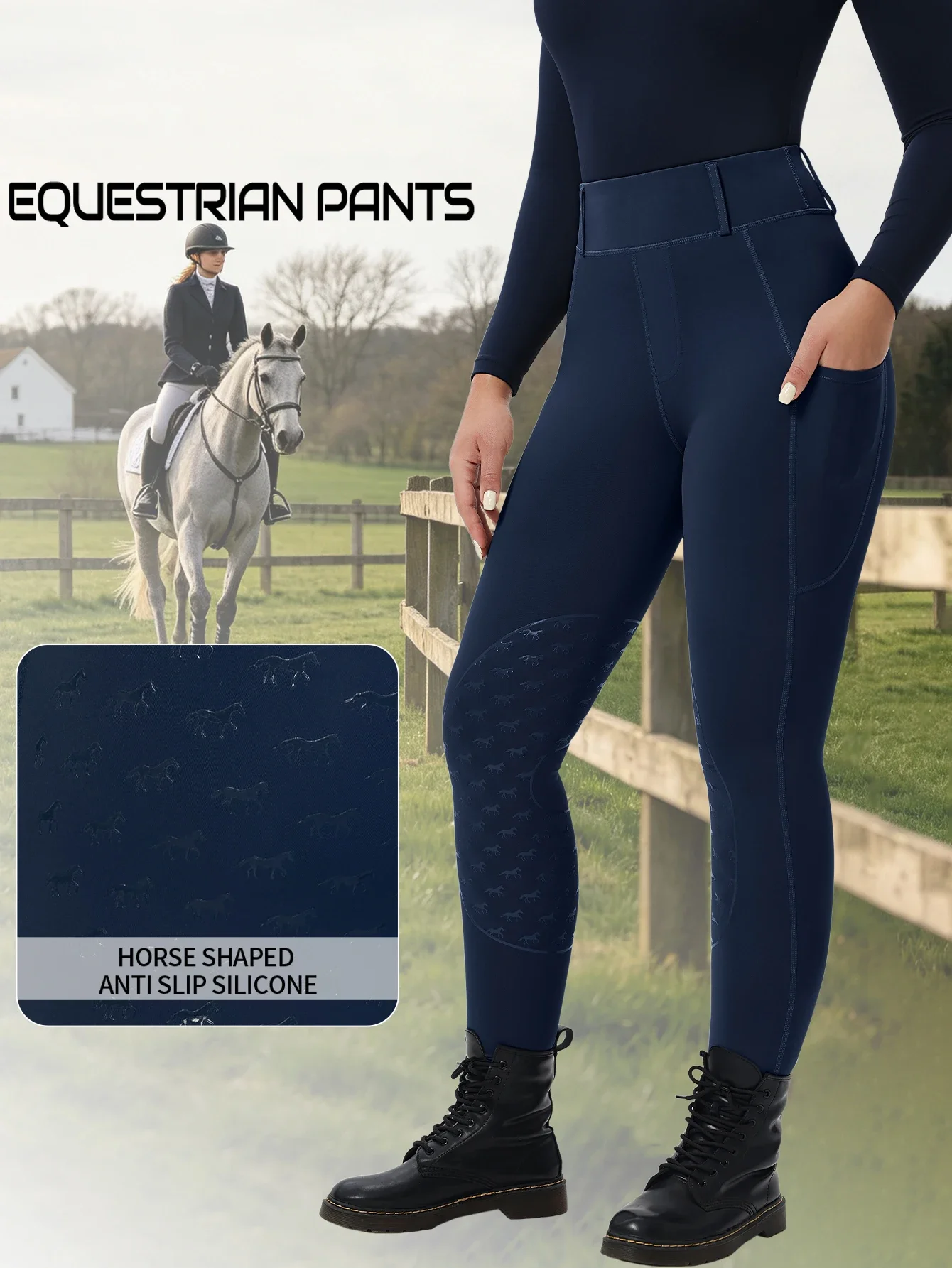 Women Half Silicone Equestrian Breeches High Waist Tight Breathable Riding Pants Pockets Anti-Slip Durable Outdoor Competition