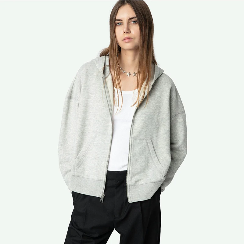 

Spring New Arrival Women's Fce Lined Hoodie Zipper Cardigan Coat Diamond Embellied Oversized Cotton Inner Sve Long Ho...