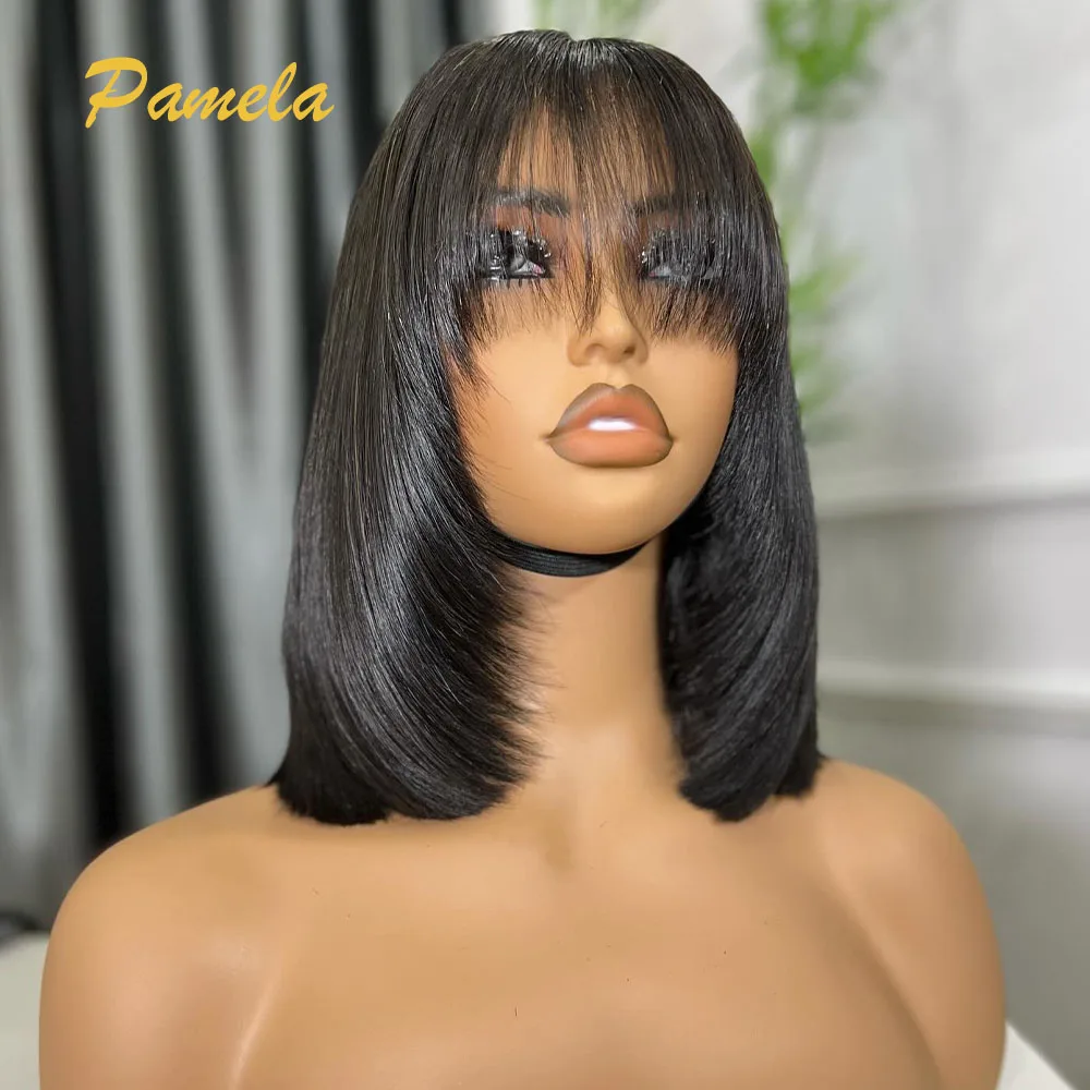 Pixie Cut Short Bob Glueless Wig Human Hair Ready To Wear 250% Density Bone Straight 4x4 Transparent Lace Closure Wig With Bang