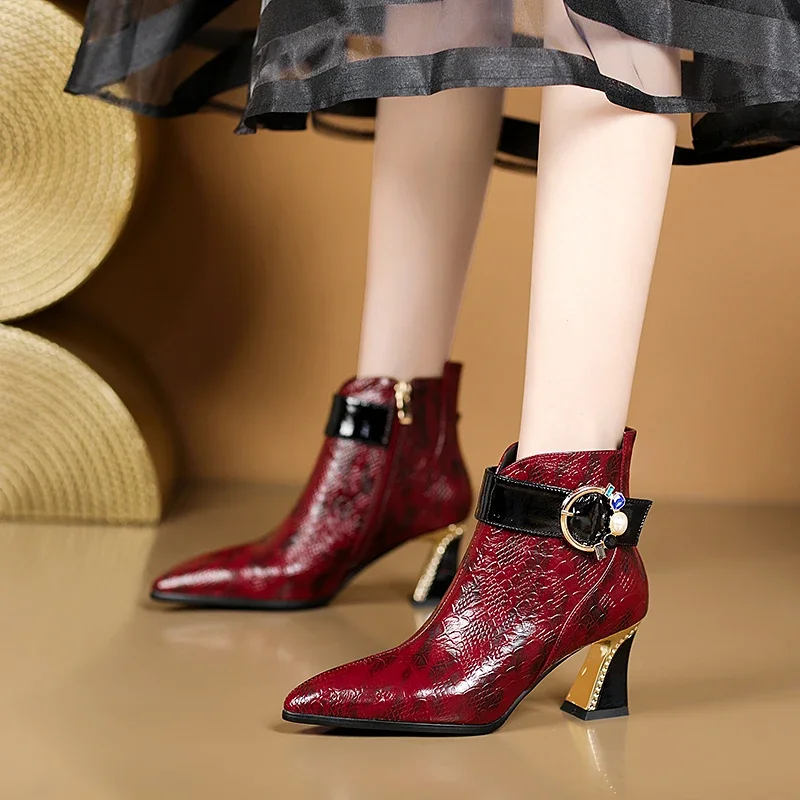 

British Retro Metal Belt Buckle Chelsea Short Boots Pointed Thin Heel Heightened Knight Boots Sexy Snake Women's Boots 34&43