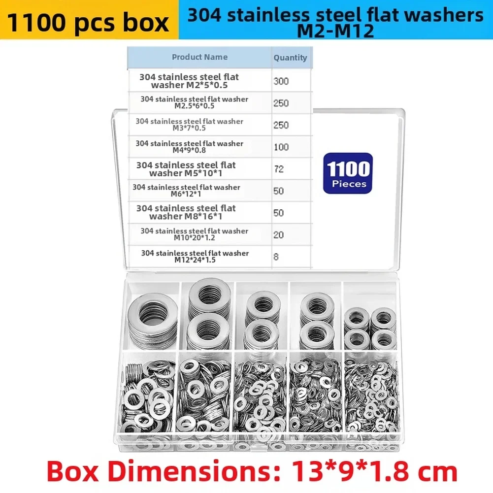 Multiple Sizes 304 Stainless Steel Flat Washers Assortment Kit M2  FOR M3  M5 M6 M8 M10   For Screws Bolts