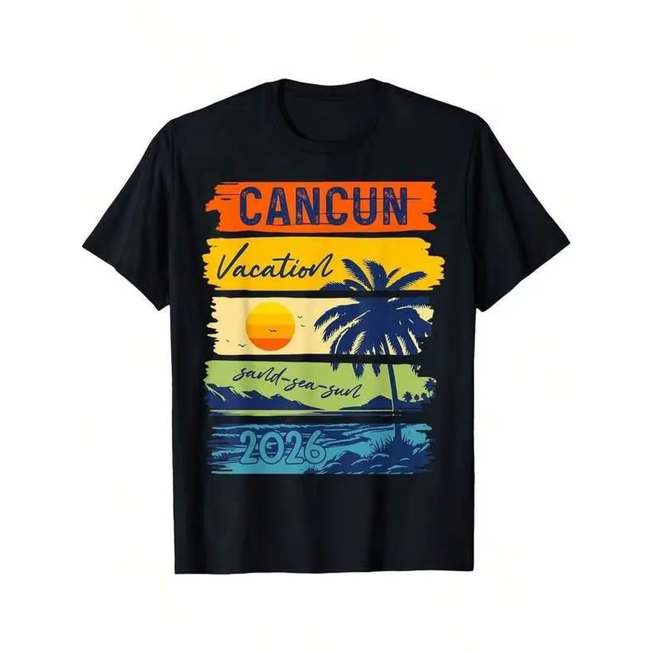 Men'S & Men&Women's Cancun Vacation 2026 Retro Beach T-Shirt - Tropical Palm Tree & All-Inclusive Resort Design, Vibrant Cancun Lettering & 2026 Trip Details, Relaxed Fit Short Sleeve Round Neck Tee, Machine Washable Digital Print,