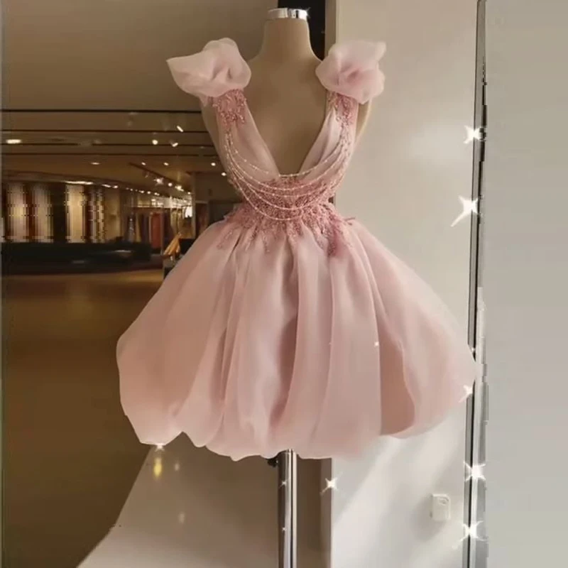 Vestido corto de fiesta de cóctel para mujer, ropa Rosa esponjosa y bonita, manga larga, cuello de pico, volantes, escalonados