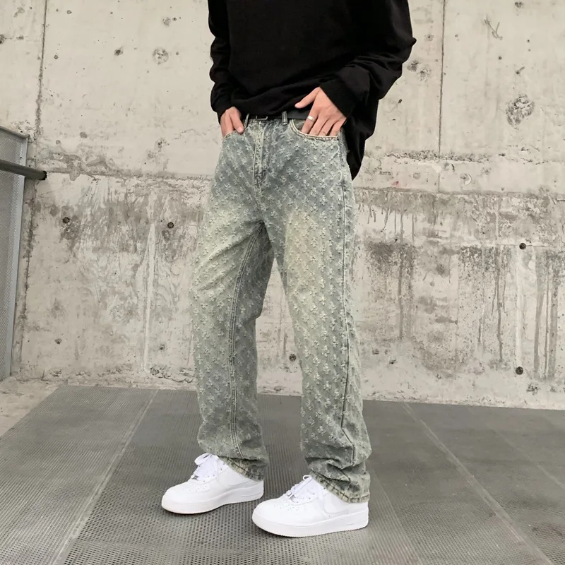 

American Vibe Cross Print Loose Straight Leg Jeans Men's Women's Long Trousers Faion Brand Fkro Heart Denim Spring Autumn