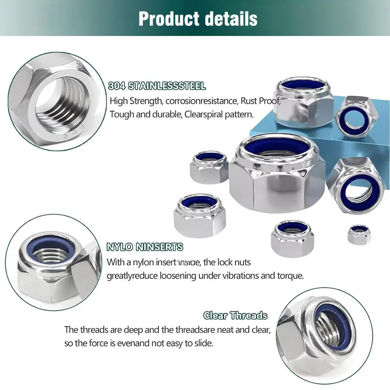 Picture 7: Nylon Insert Hex Lock Nuts 304 Stainless Steel Metric Locknuts Coarse Thread Self-Locking Nuts M3 MM4 M5 M6 M8 M10