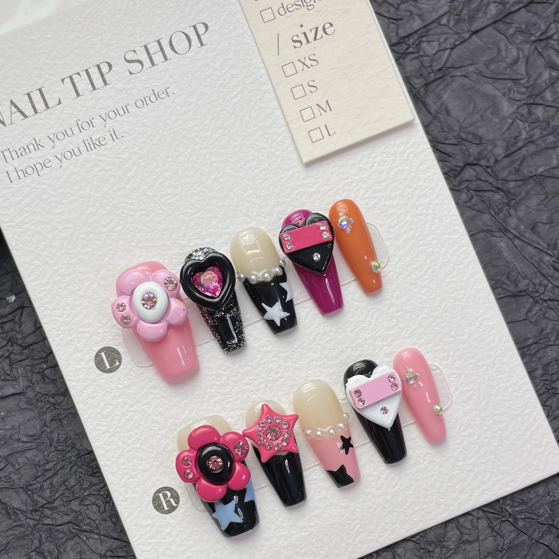 

Y2K Handmade Nails Press on Pink Flower Designs Black Star Fake Nails Long Ballerina False Nails for Women Girls DIY Manicure