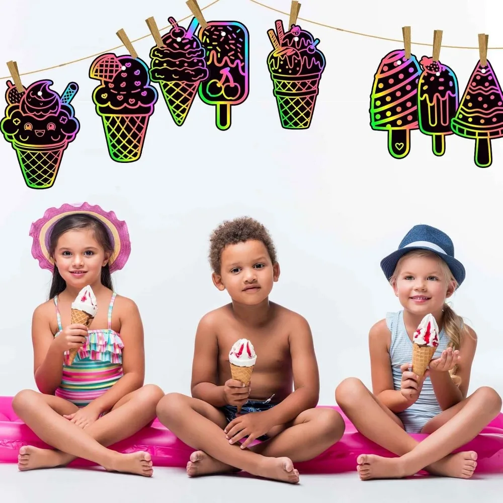 48 pieces of ice cream scratch cards, magical Rainbow summer dessert scratch cards, fun for children