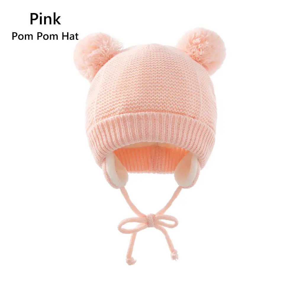 

1-4 Years Winter Fleece Lined Earflap Beanie Hat Kids Hat Gloves Set Pom Pom Hat Mittens For 1-4 Years