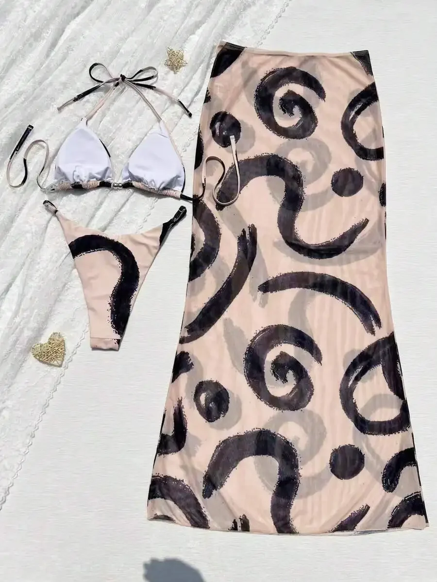 Womens 3-Piece Printed Bikini Set With Mesh Maxi Skirt Abstract Pattern Beach Holiday Wear