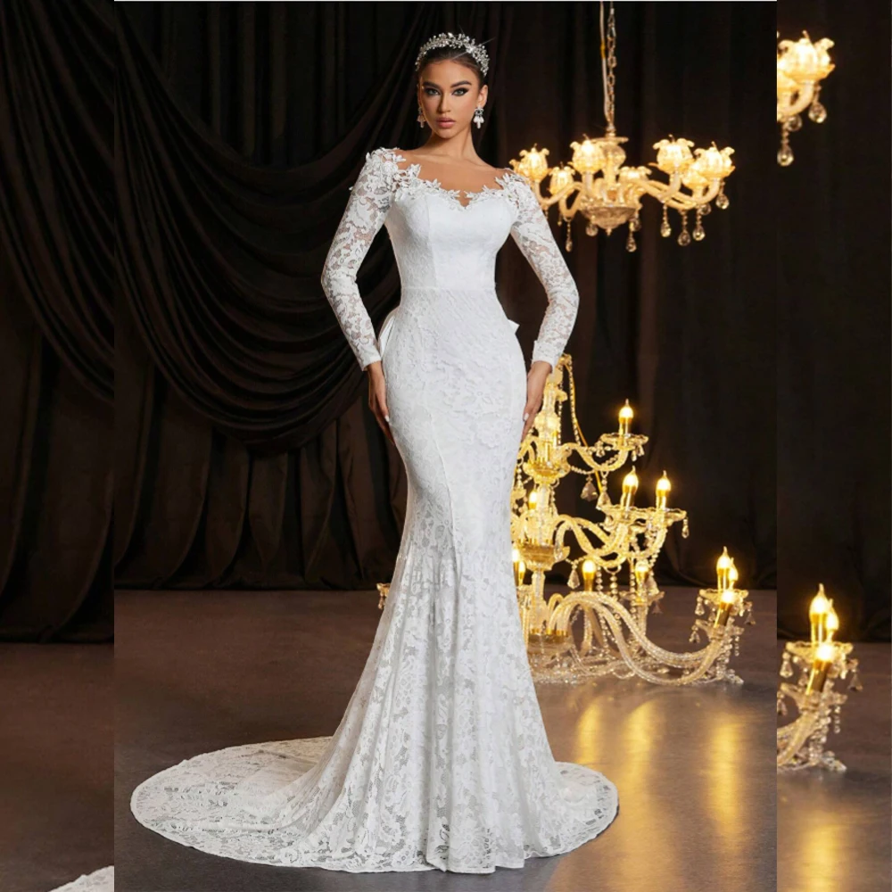 

Luxury Lace Wedding Dresses V Neck Long Sleeve Civil Bride Dress Sweep Train Mermaid Church Bridal Customized robe de mariée