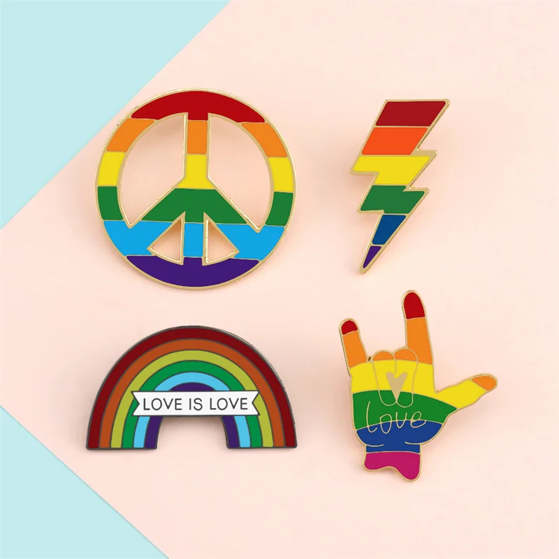 Love is Love Rainbow Enamel Pins LGBT Pride Hand Peace Lightning Brooches Bag Clothes Lapel Pin Gay Lesbian Metal Badge Jewelry