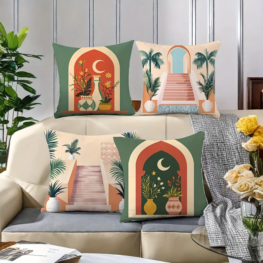 4pcs Moroccan Boho Throw Pillow Covers Palm Tree Decorative Pillow Cases, Moon Star Plant Pattern Cushion Covers for Sofa Bed