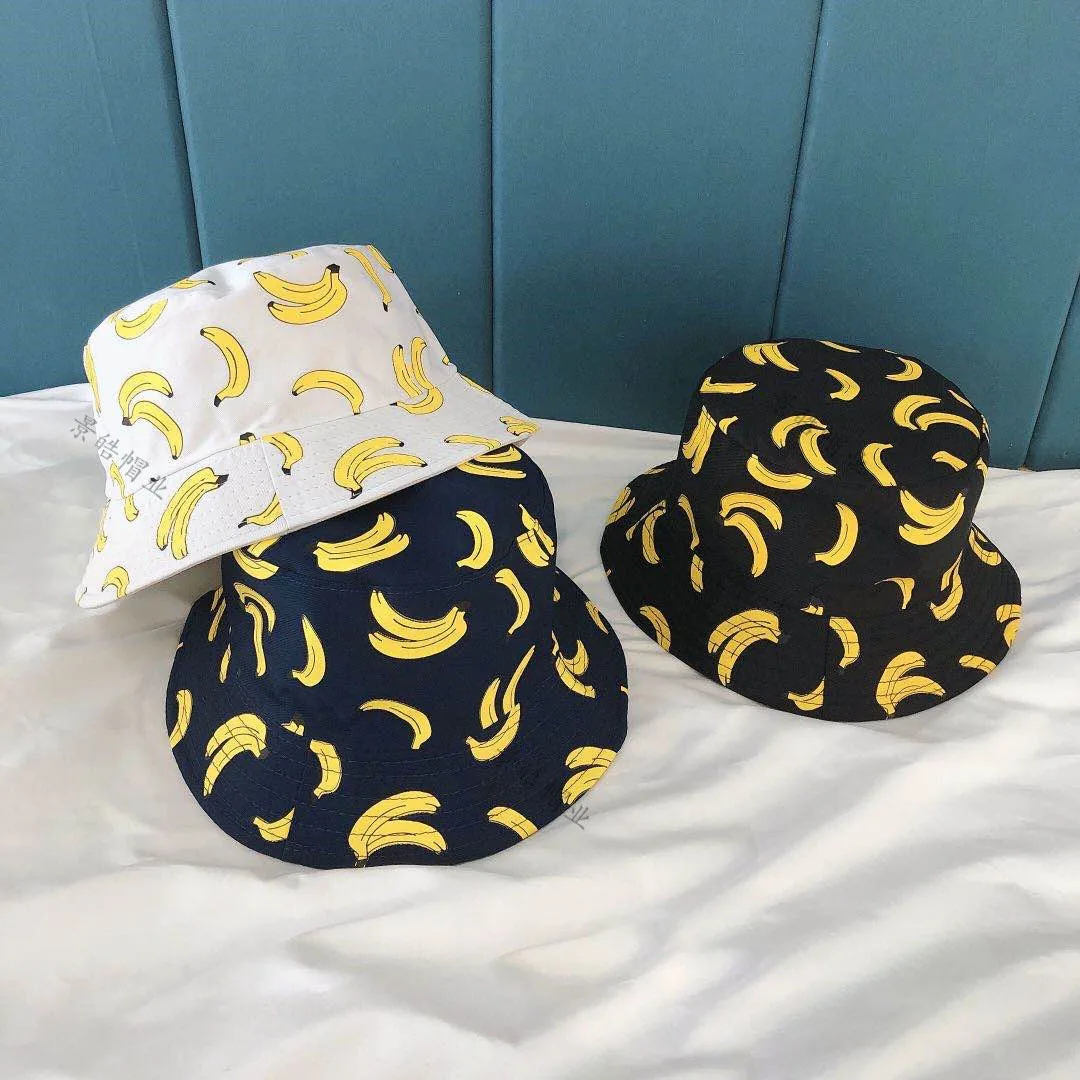 

Banana Print Double Side Soft Cotton Bucket Hat Outdoor Breathable Fruit Panama Hat Fashion Sunshade Fisherman Cap for Women Men