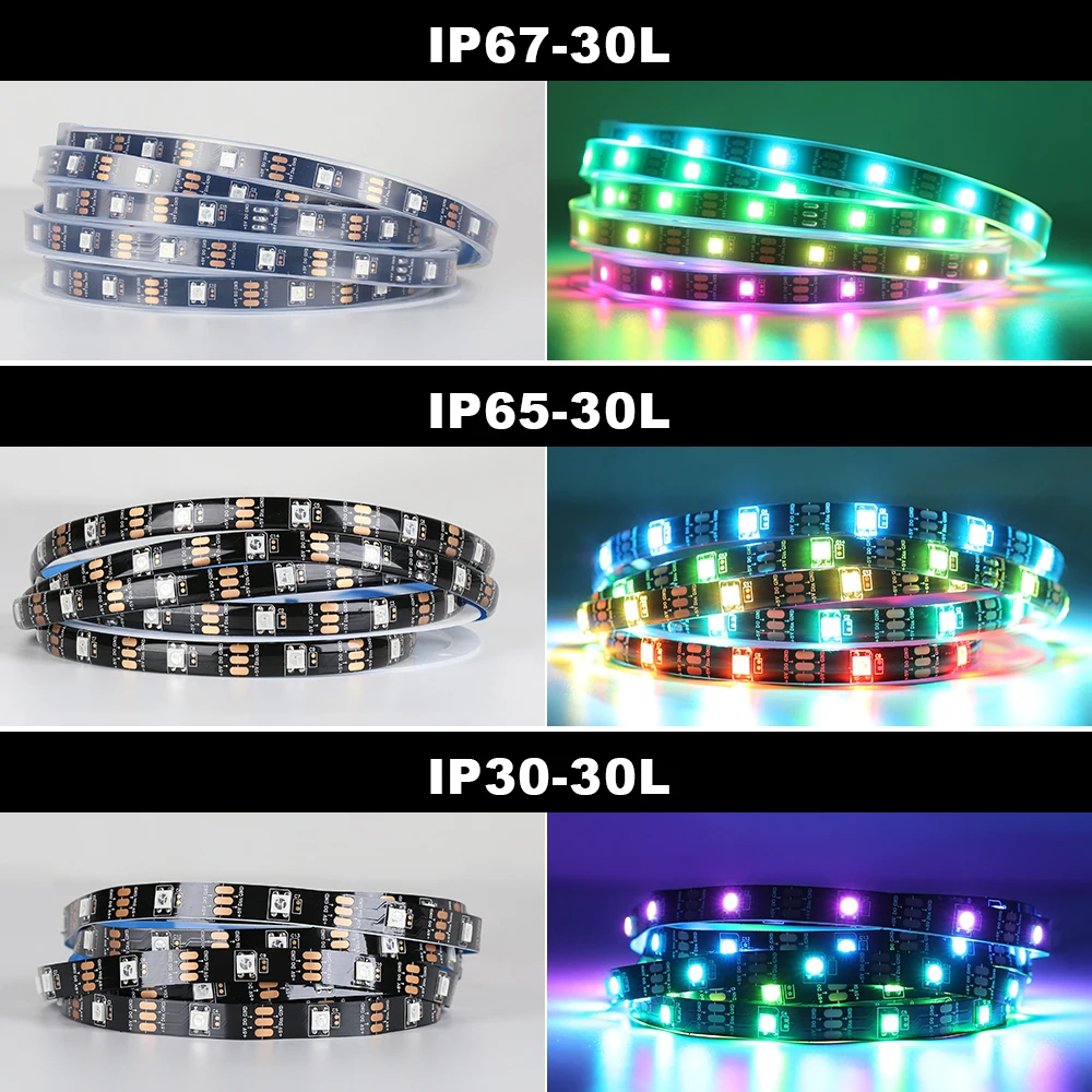 WS2812B Luci a Led DC5V Smart RGB Led Strip Light indirizzabile individualmente IC Magic Strip Light Nero Bianco PCB IP30/IP65/IP67