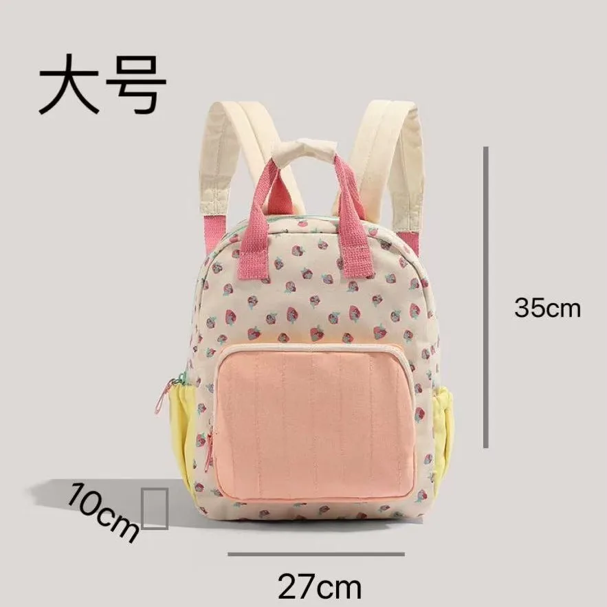 Nylon lightweight student schoolbag with strawberry print contrasting color hand-held, cute and waterproof backpack for girls