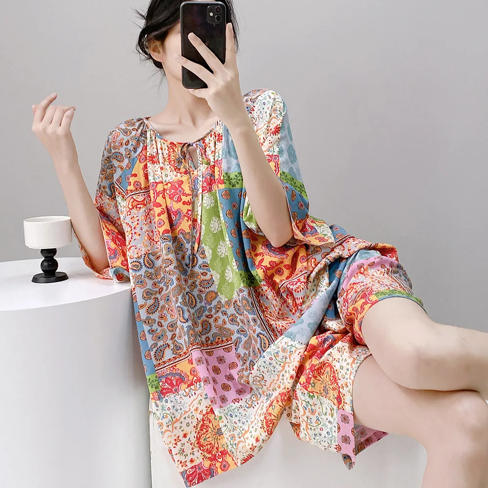 

Cotton Silk Pajamas Sets Women's Summer Short-sleeved Tops Shorts Pants 2PCS Large Size Print Sleepwear Set Thin Loungewear Suit